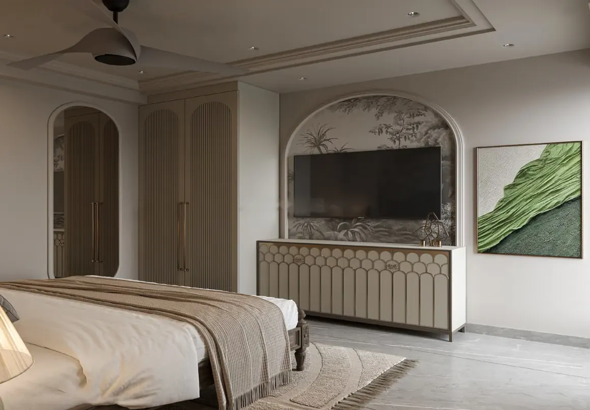 Bedroom master tv wall at Aerovista, Mansarovar Extension, Jaipur