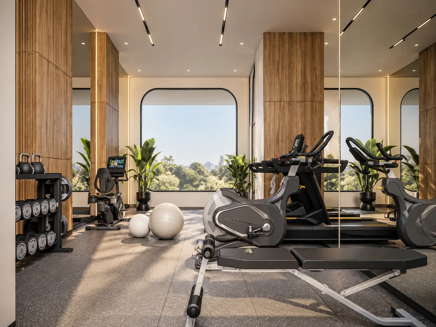 Residents gymnasium with cardio equipment and free weights — Aerovista, Jaipur