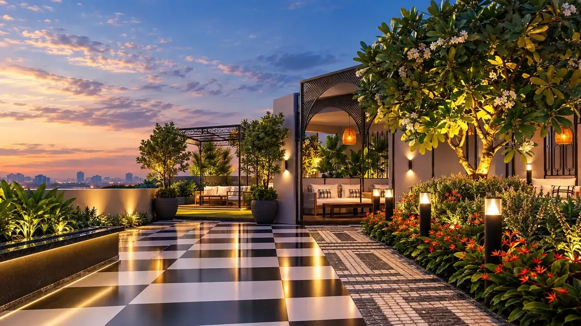 Rooftop garden with pavilion lounges at Aerovista, Jaipur