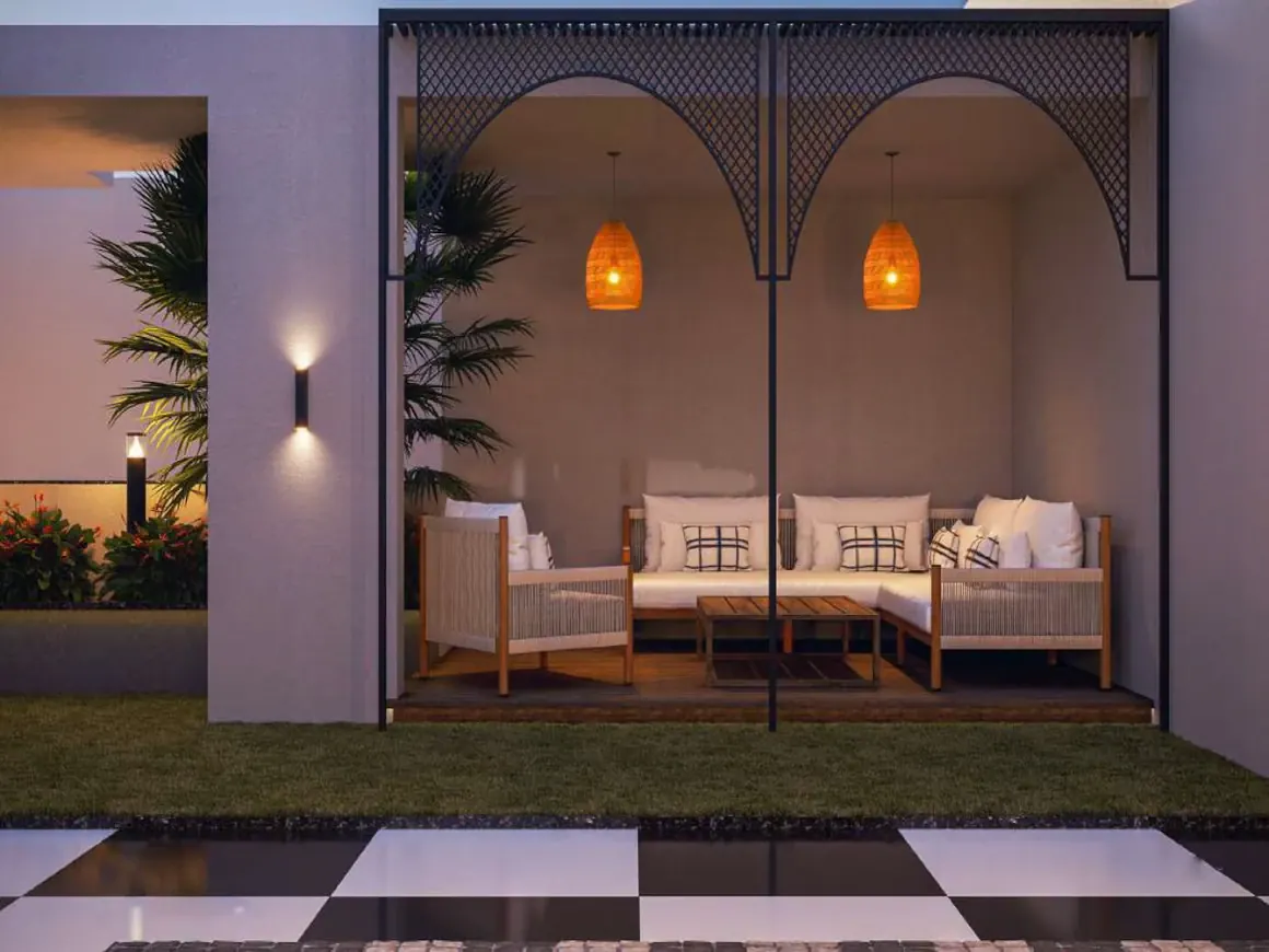 Outdoor lounge pavilion at Aerovista, Mansarovar Extension, Jaipur