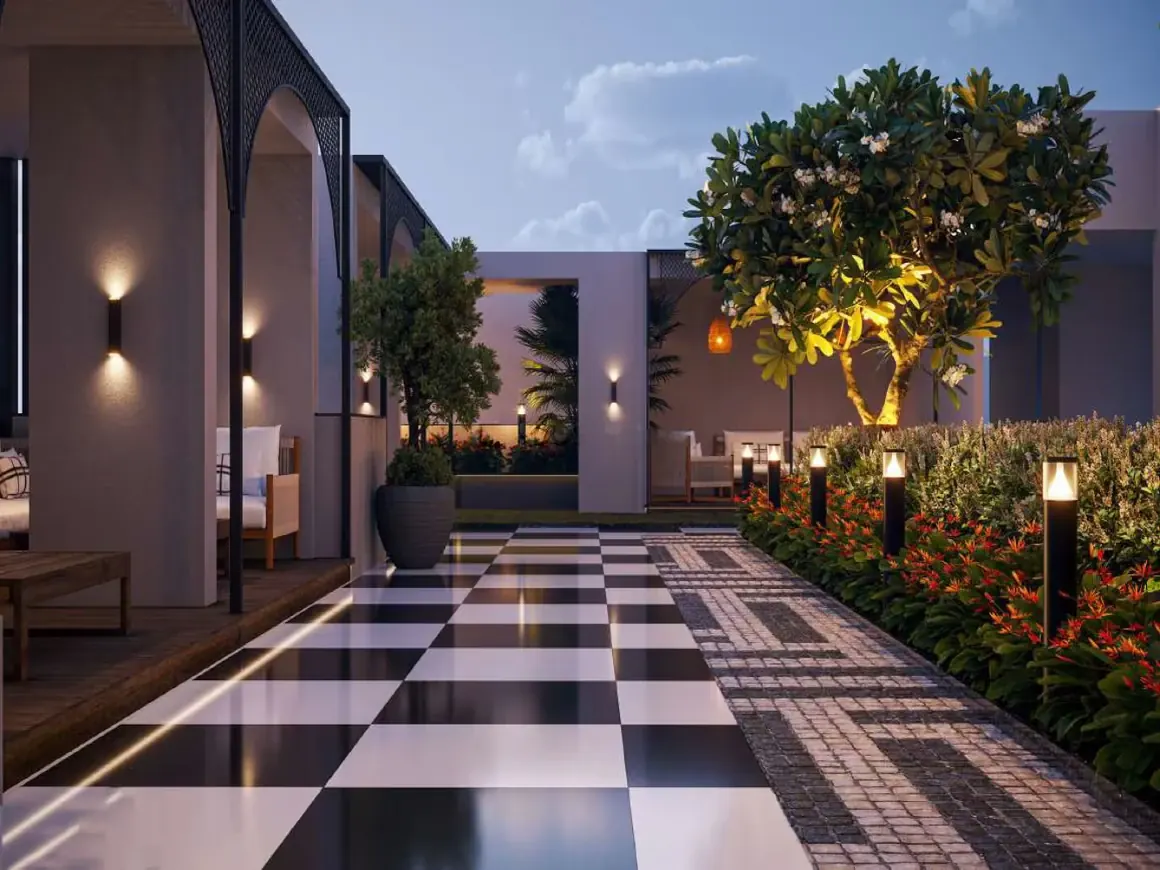 Podium walkway evening at Aerovista, Mansarovar Extension, Jaipur