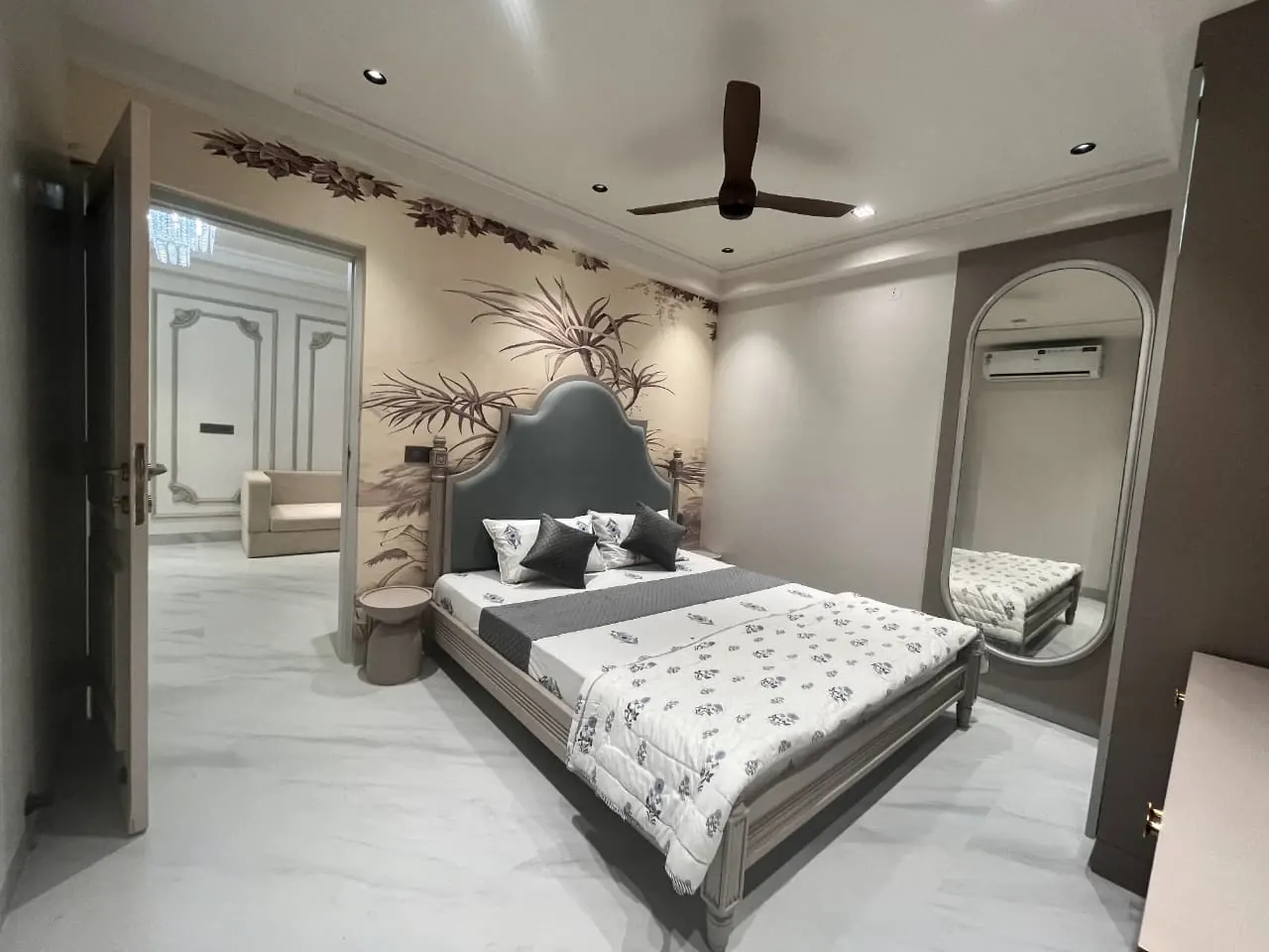 Bedroom grey headboard at Aerovista, Mansarovar Extension, Jaipur