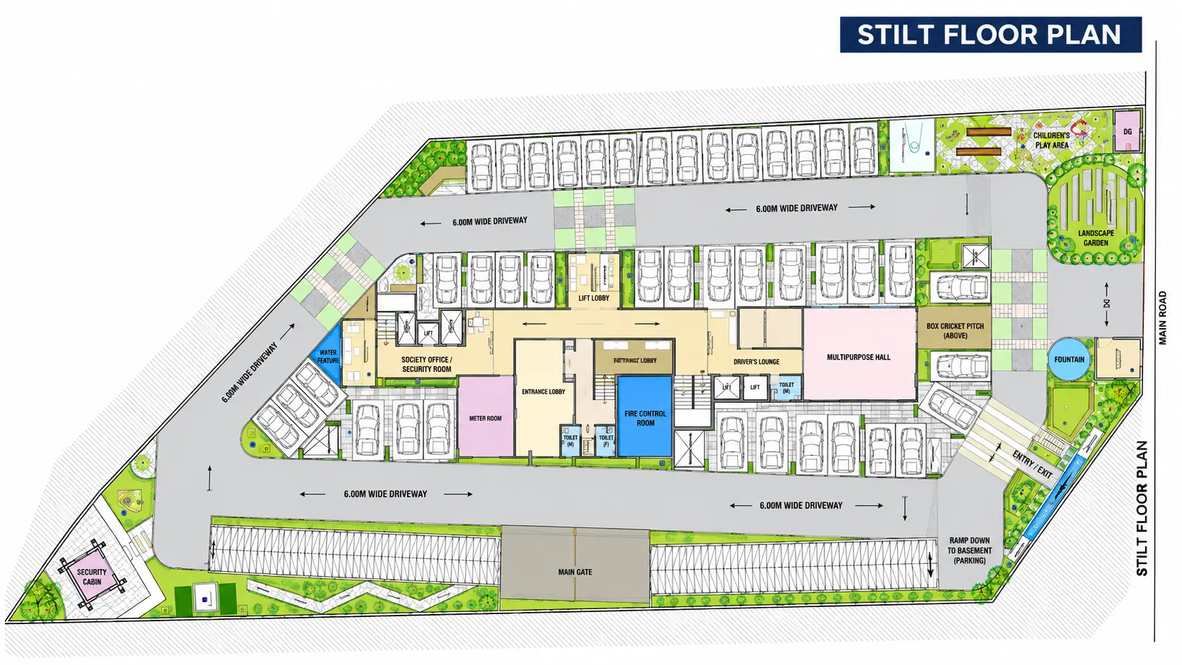 Stilt floor plan showing parking, entrance lobby, multipurpose hall, play area and driveways — Aerovista, Jaipur
