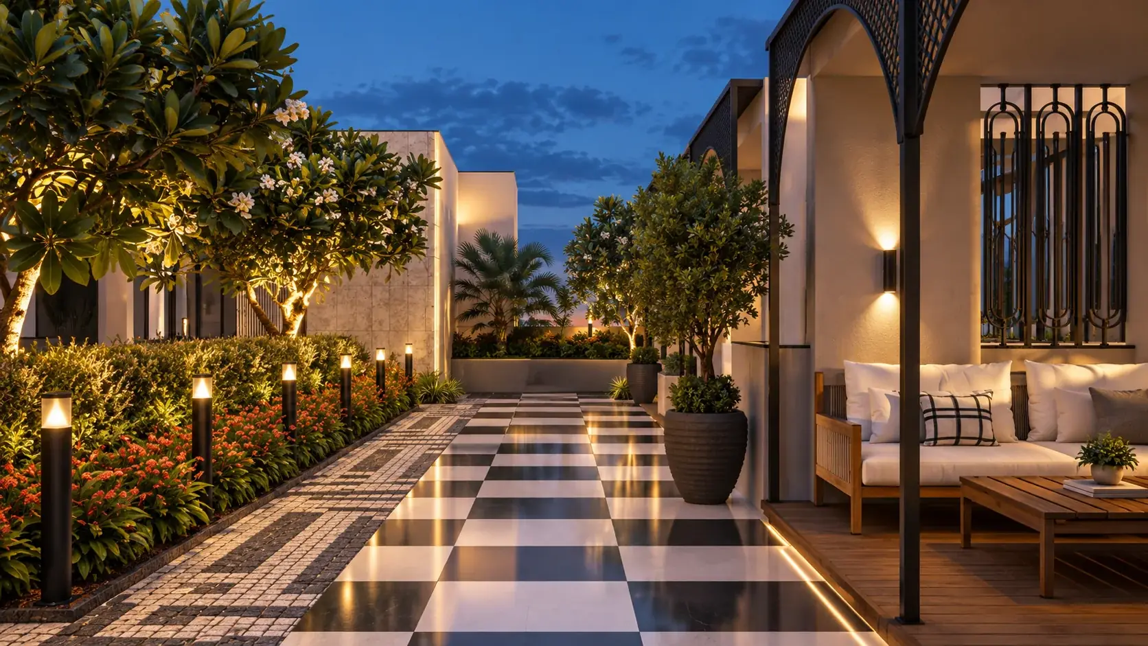 Landscaped walkway between the podium buildings, lit at dusk — Aerovista, Jaipur