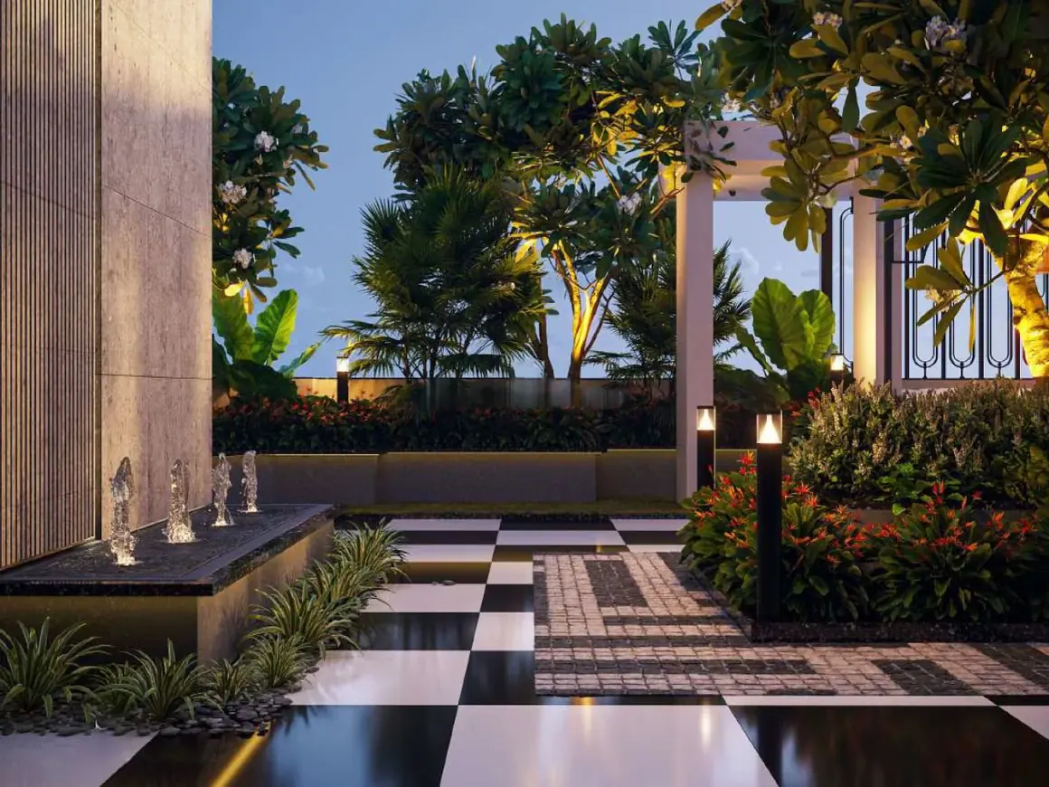 Water feature courtyard evening at Aerovista, Mansarovar Extension, Jaipur